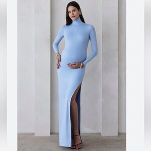 Elegant Long Sleeve Turtleneck Gown - Light Blue
